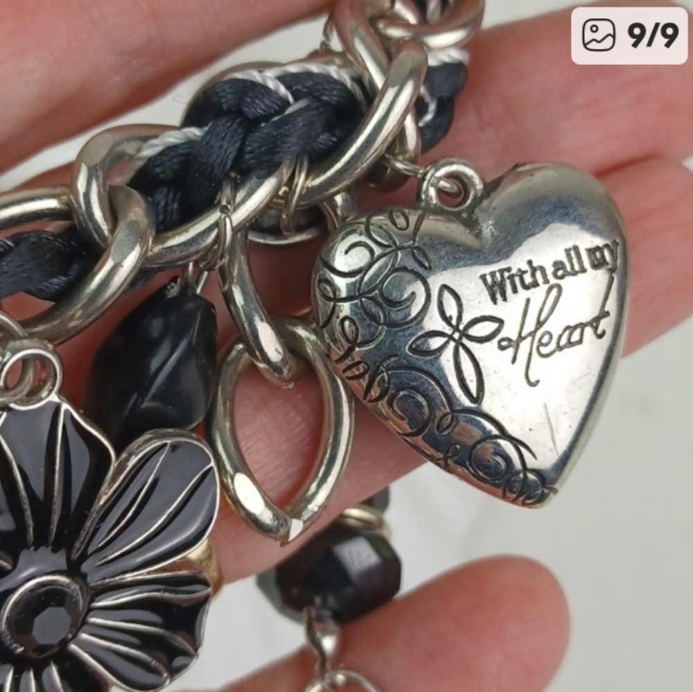 BETSEY Meets JUICY Silver and Black Charm Beaded Heart Necklace